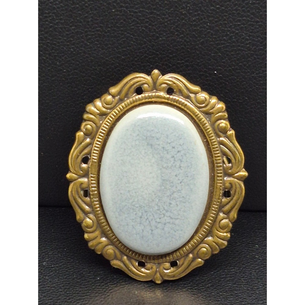 Vintage Jeri-Lou Brass Scarf Clip Gold Tone Blue Grey Oval Cabochon Ornate Frame